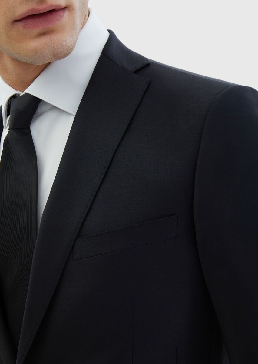 Black Plain Wool Blended Suit - 4