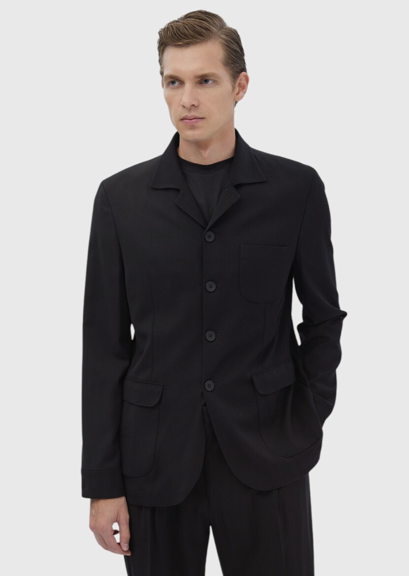 Black Plain Wool Blended Suit - 1