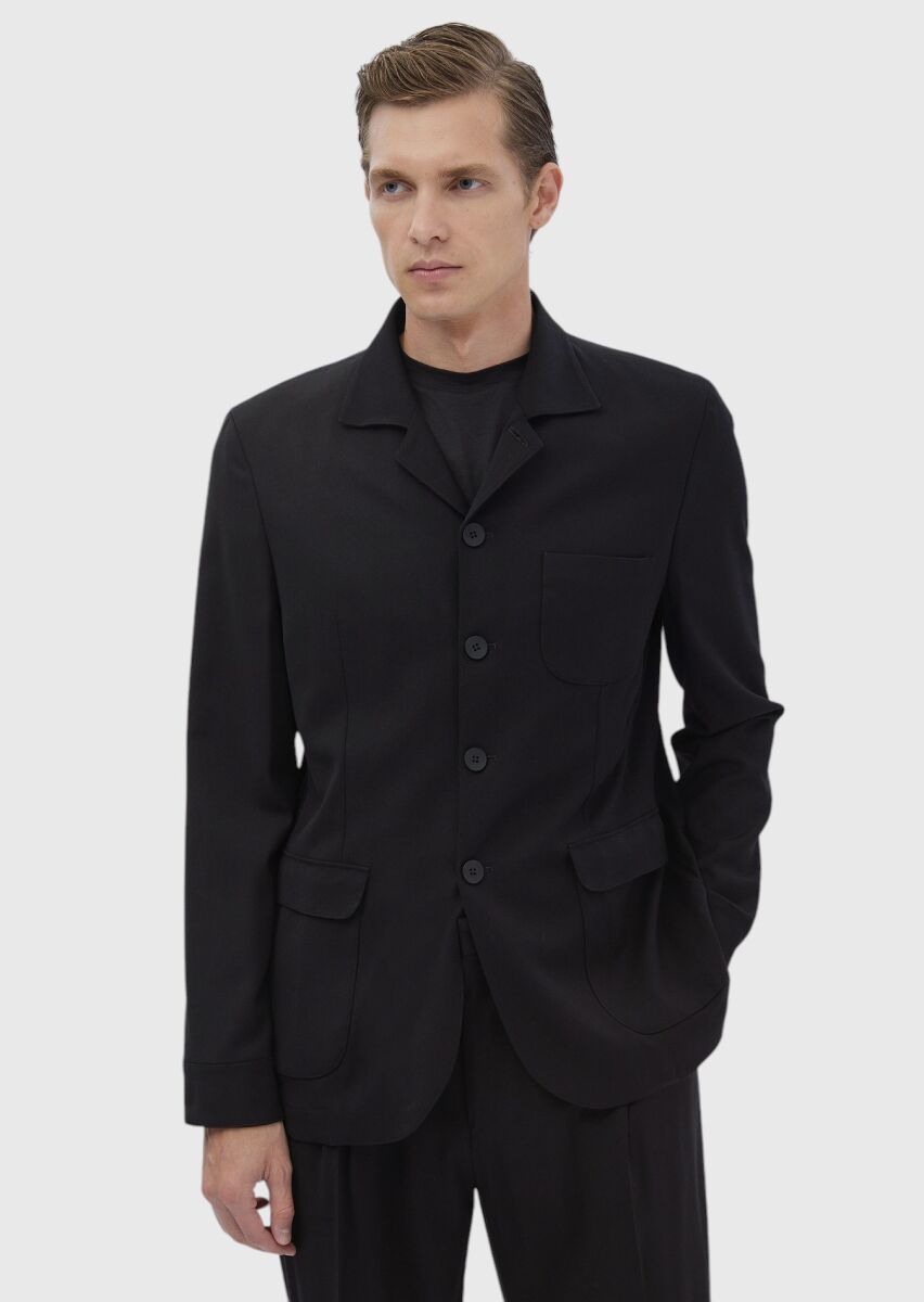 Black Plain Wool Blended Suit - 1