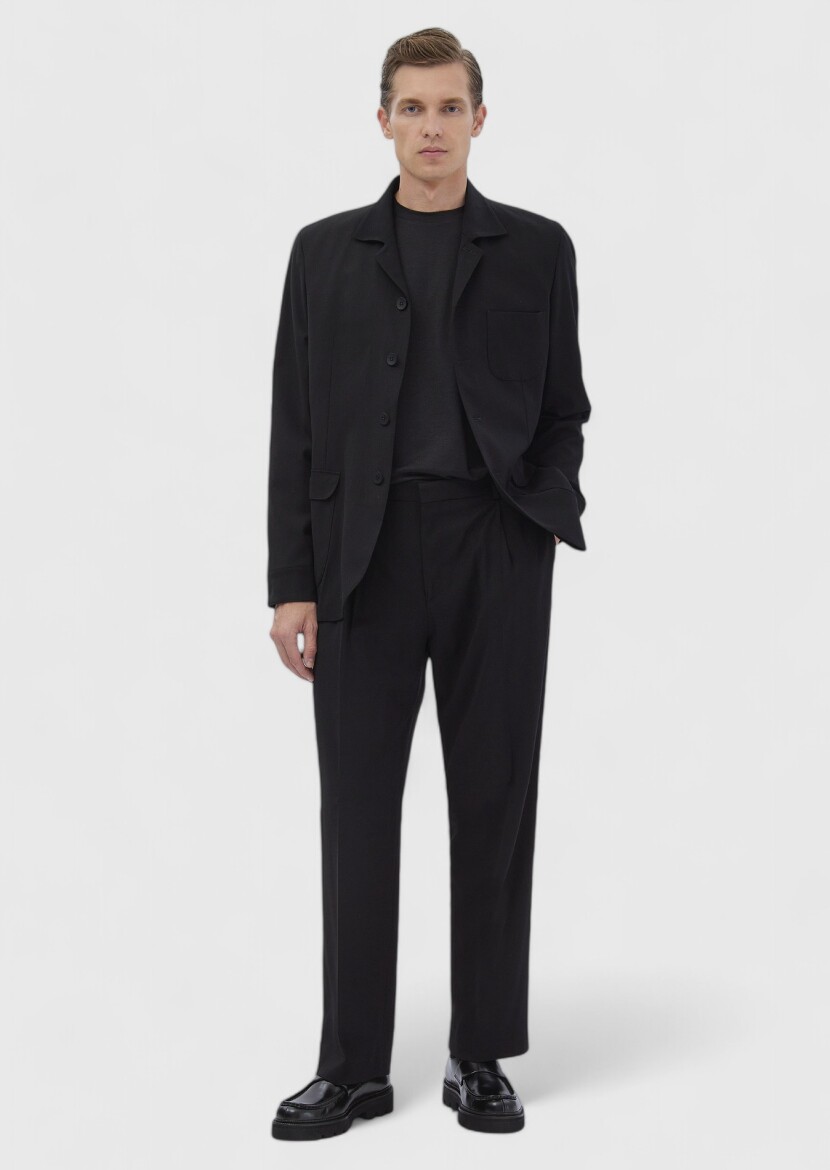 Black Plain Wool Blended Suit - 2