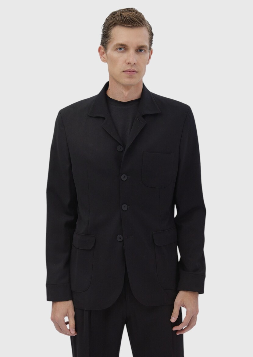 Black Plain Wool Blended Suit - 3