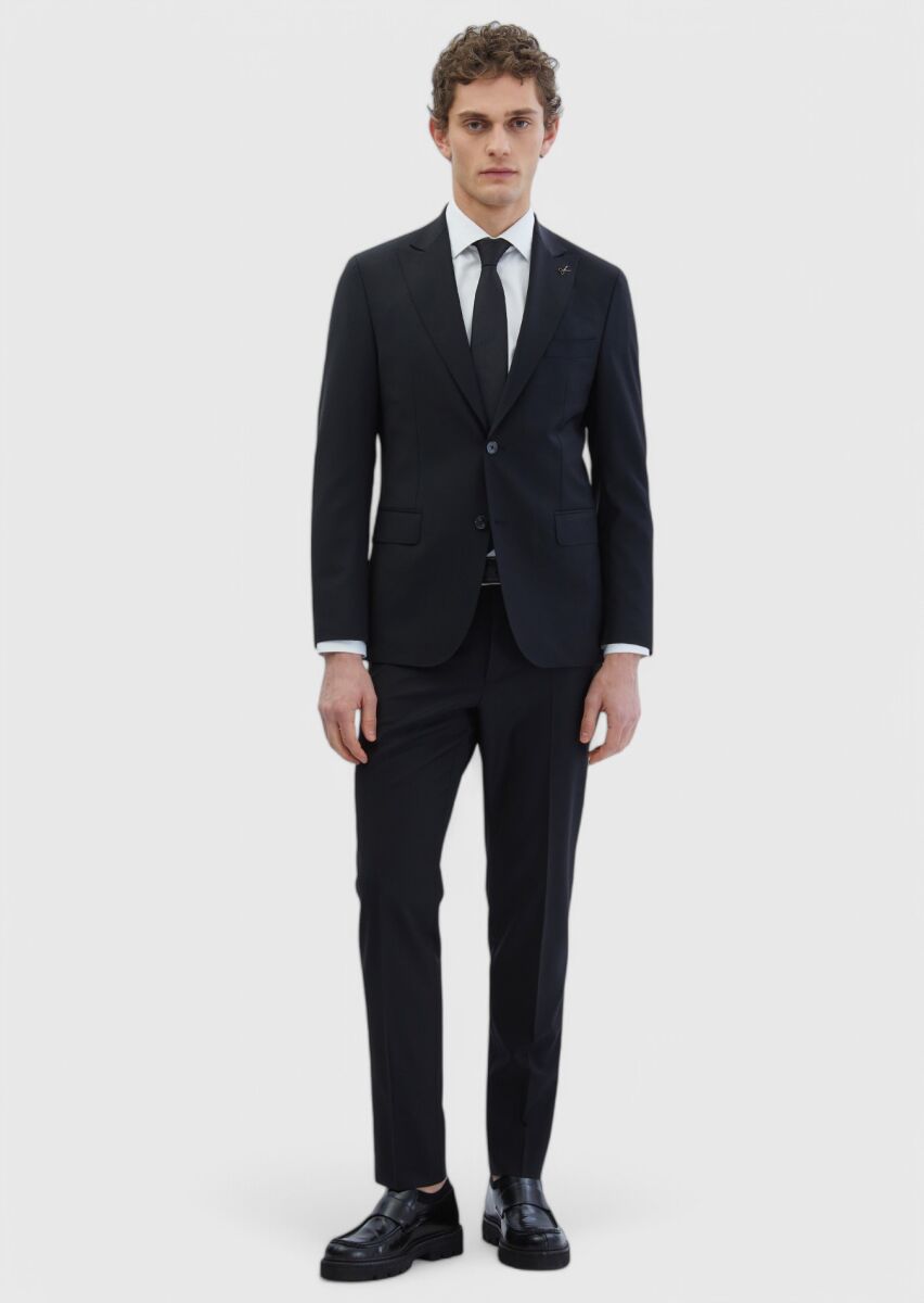 Black Plain Zeroweight Slim Fit Wool Blended Suit - 2