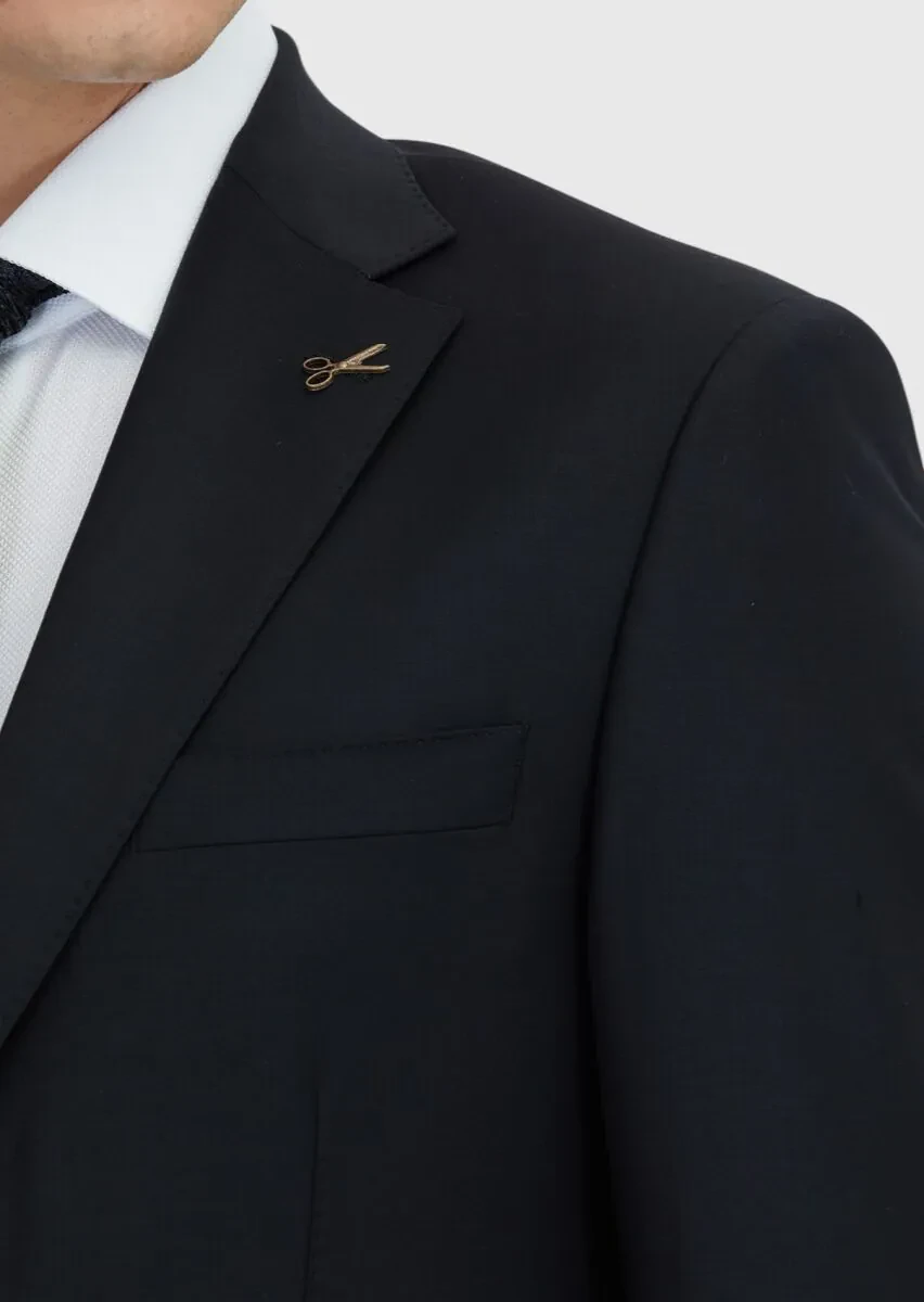 Black Plain Wool Blended Suit - 4