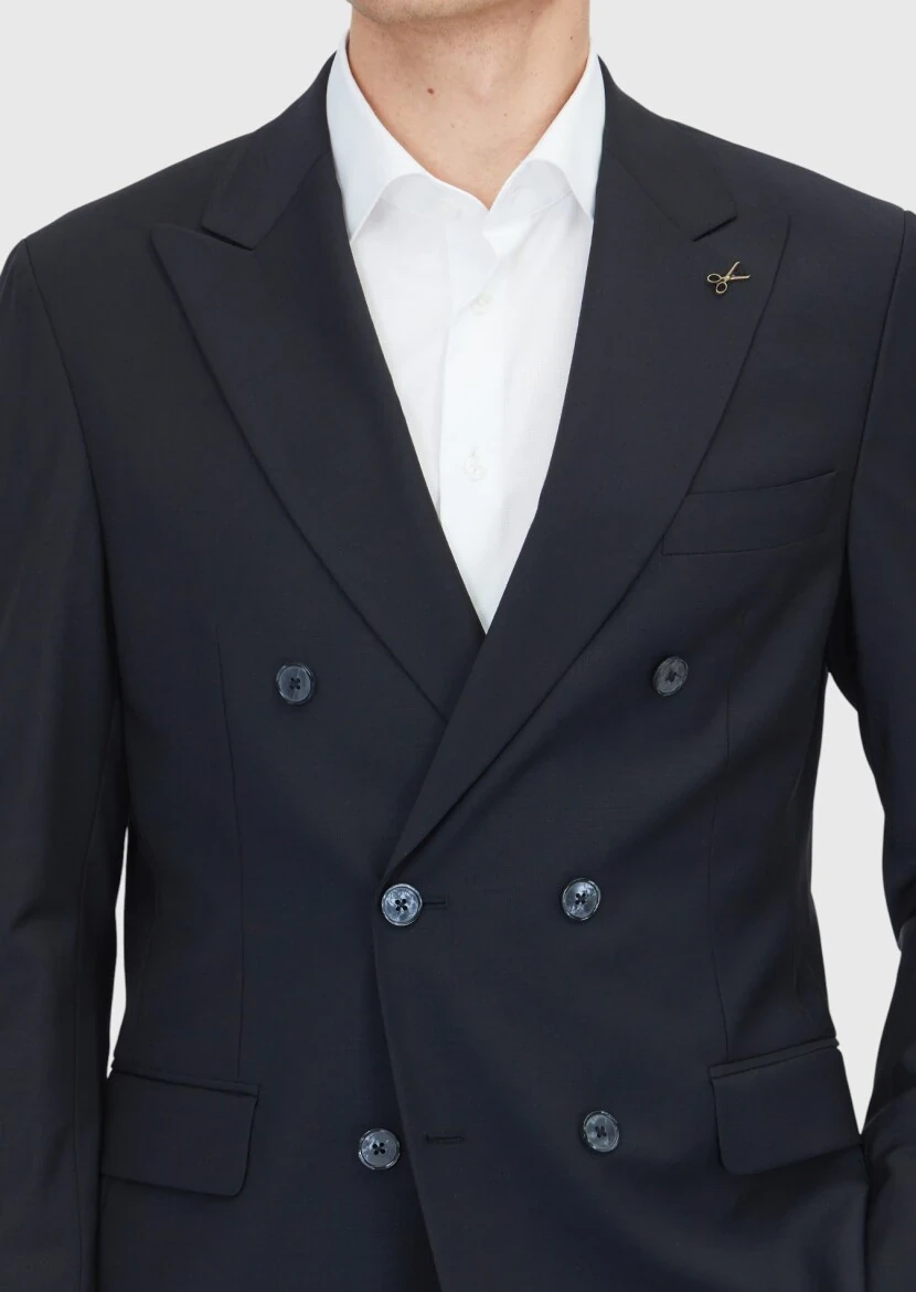 Black Plain Wool Blended Suit - 4