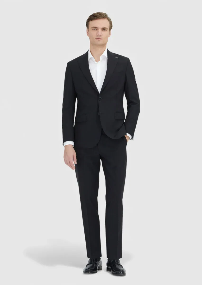 Black Plain Wool Blended Suit - 1