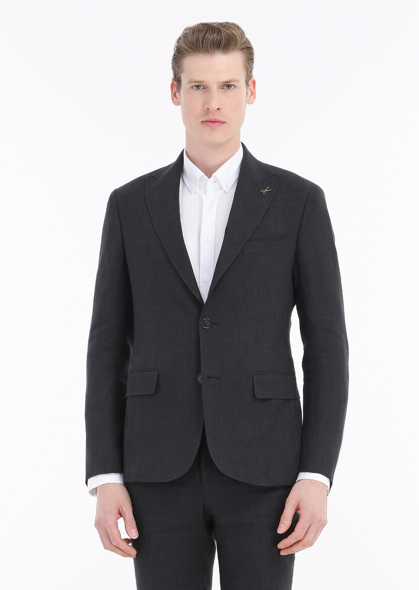 Black Plain Zeroweight Slim Fit 100% Linen Suit - 2