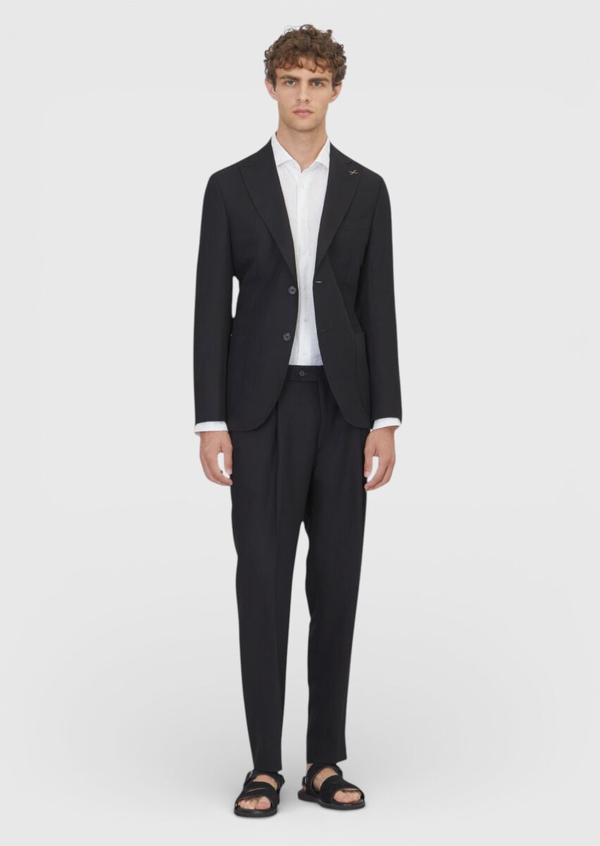Black Plain Zeroweight Slim Fit Linen Blended Suit - 2