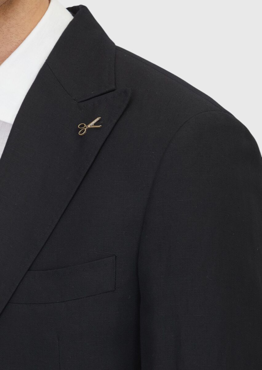 Black Plain Zeroweight Slim Fit Linen Blended Suit - 4