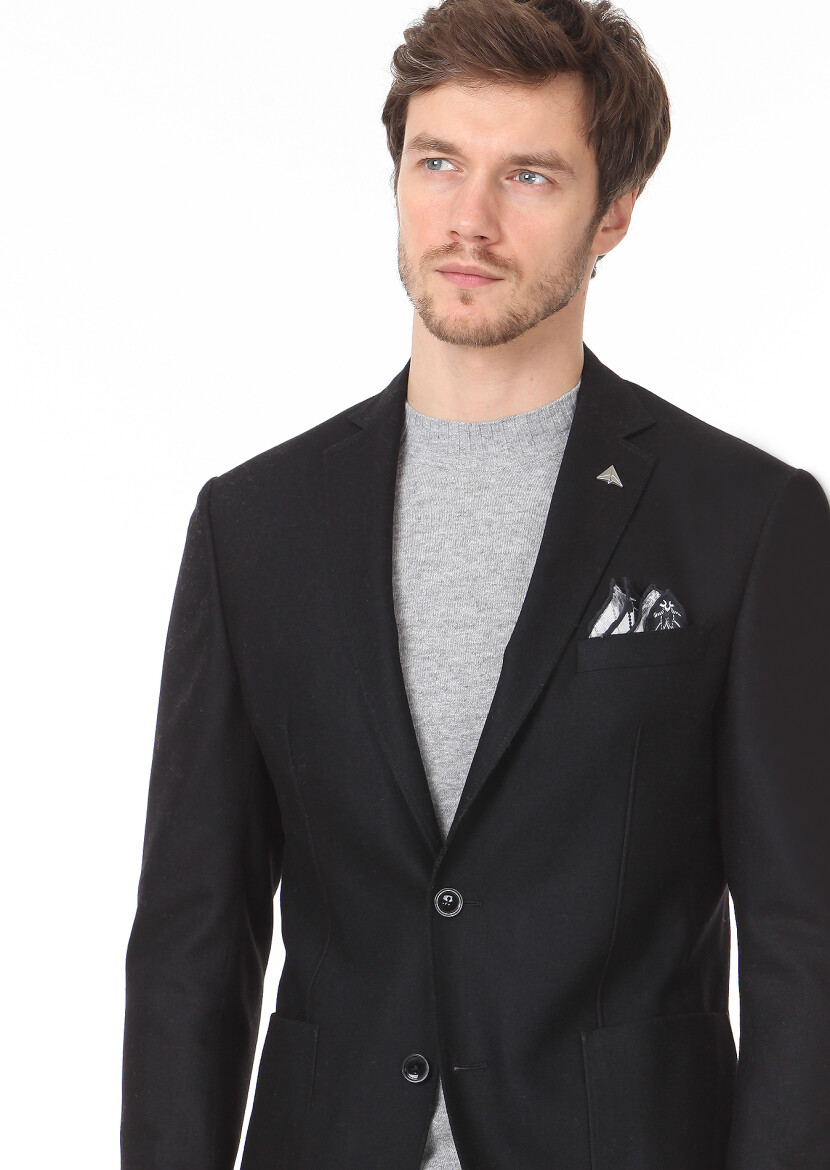 Black Plain Zeroweight Slim Fit Wool Blended Jacket 