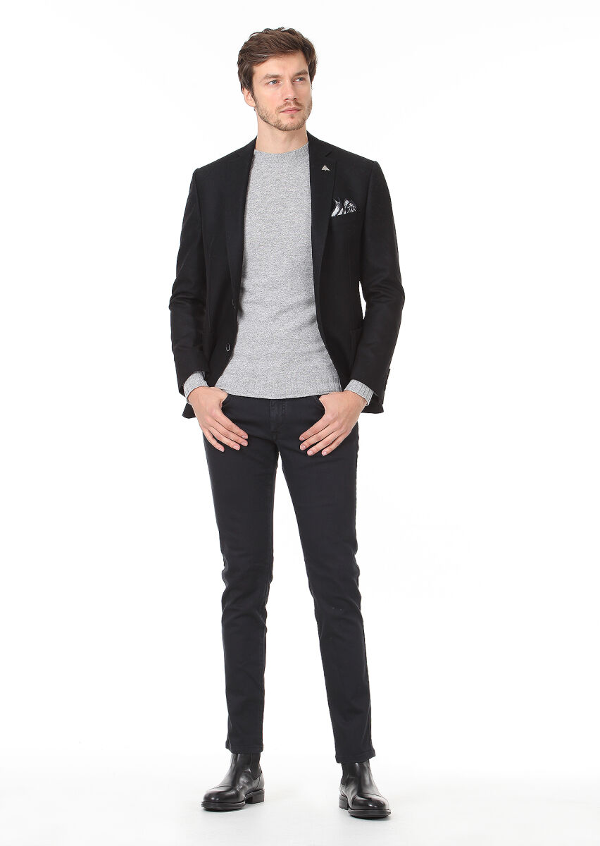 Black Plain Zeroweight Slim Fit Wool Blended Jacket - 3