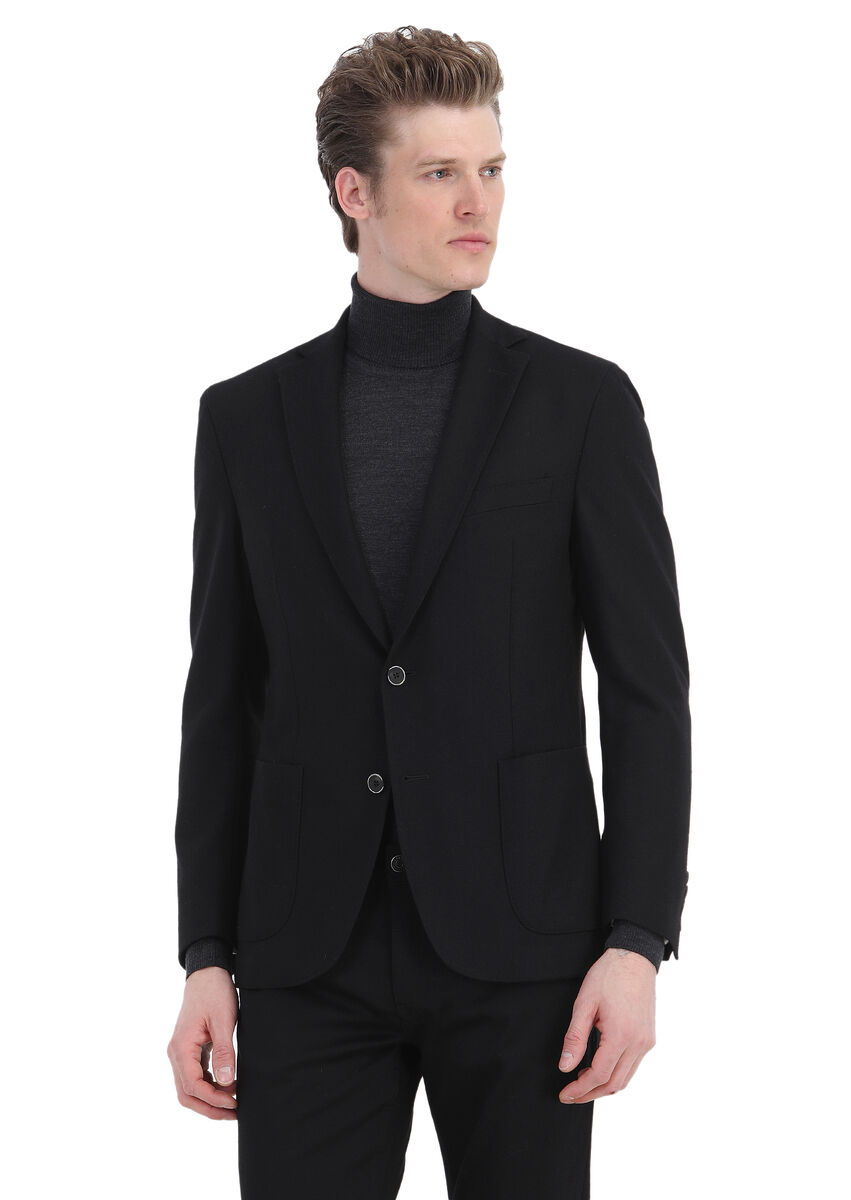 Black Plain Zeroweight Slim Fit Wool Blended Jacket - 1