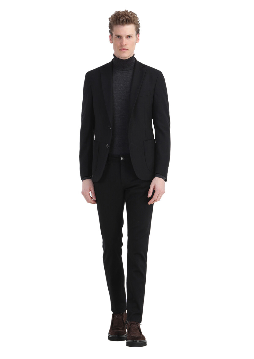 Black Plain Zeroweight Slim Fit Wool Blended Jacket - 2