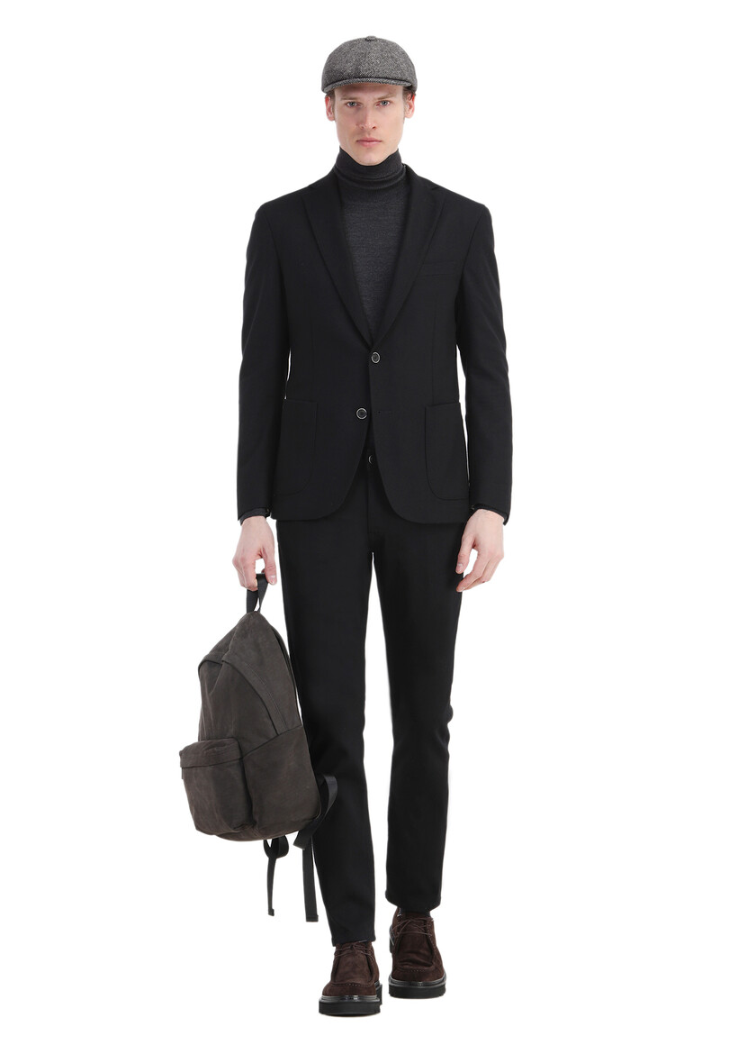 Black Plain Zeroweight Slim Fit Wool Blended Jacket - 3