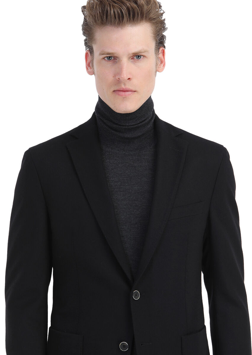 Black Plain Zeroweight Slim Fit Wool Blended Jacket - 4