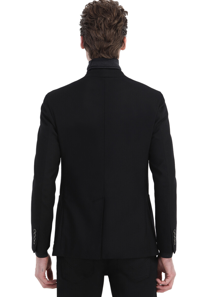 Black Plain Zeroweight Slim Fit Wool Blended Jacket - 7