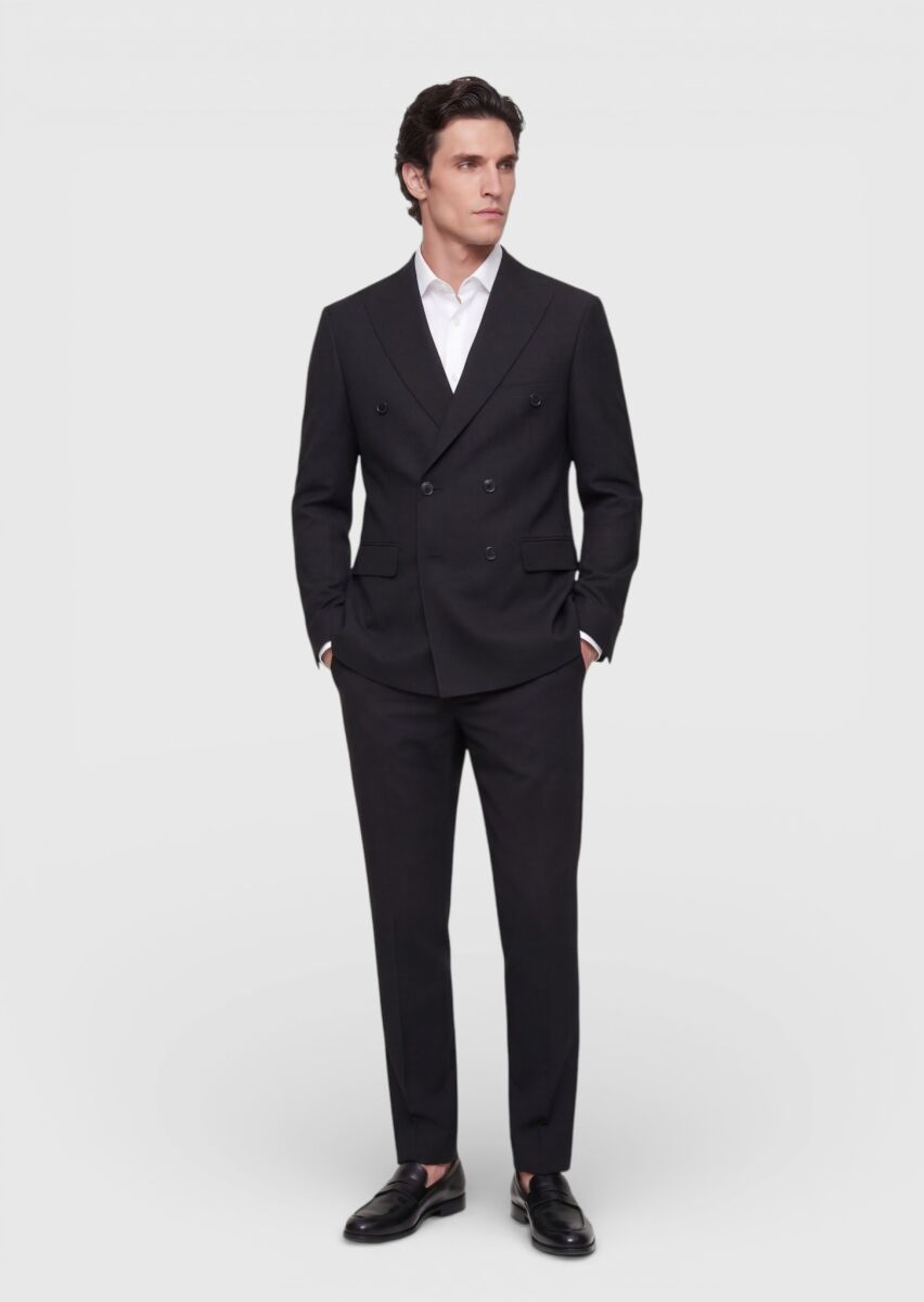 Black Plain Wool Blended Suit - 1