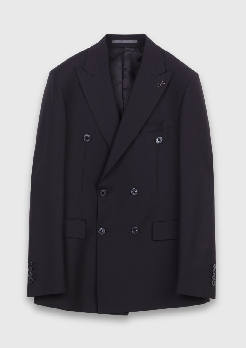 Black Plain Wool Blended Suit - 5