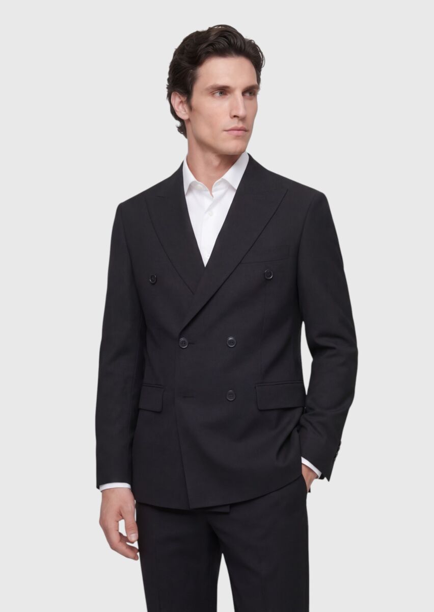 Black Plain Wool Blended Suit - 2