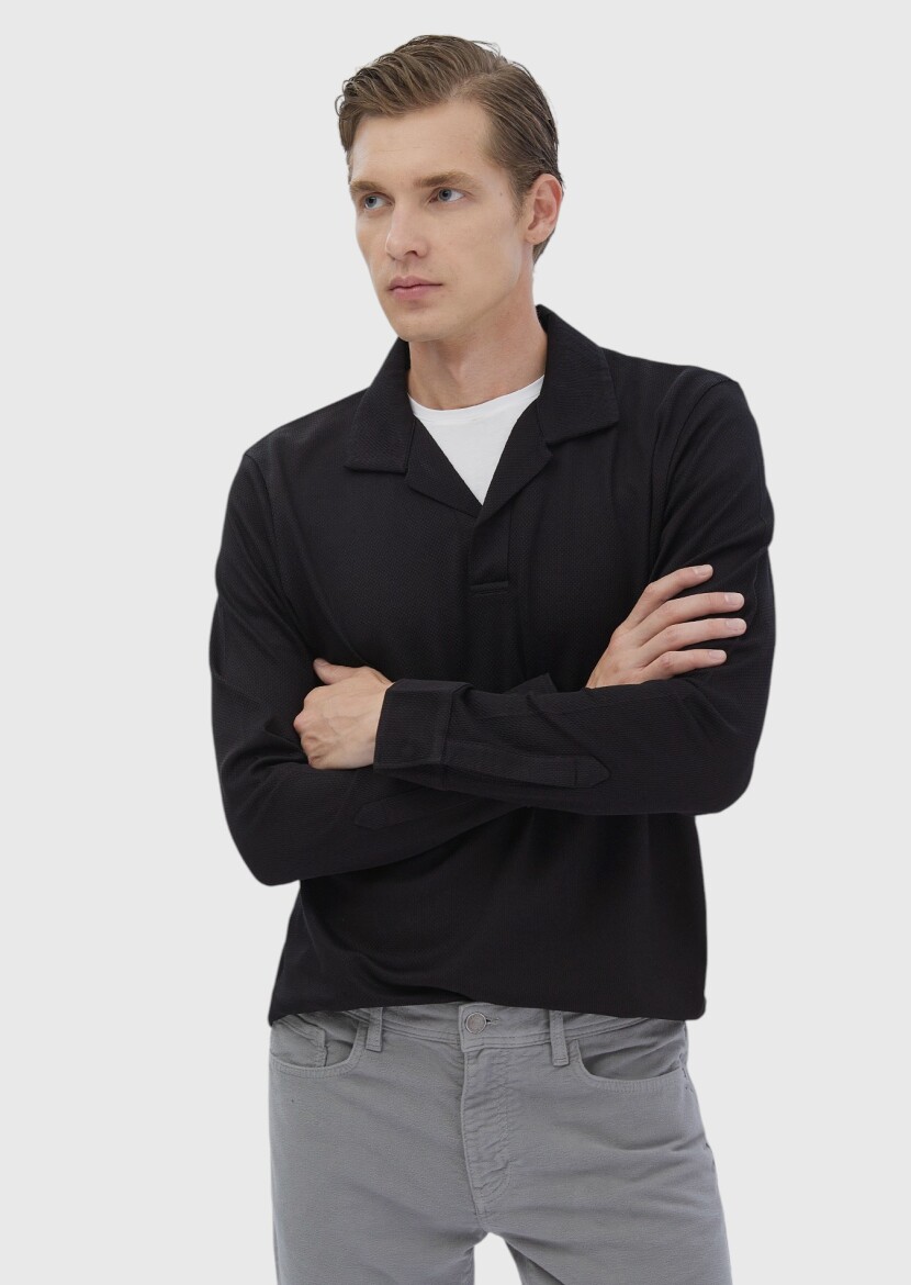 Black Polo Neck Jacquard Sweatshirt 