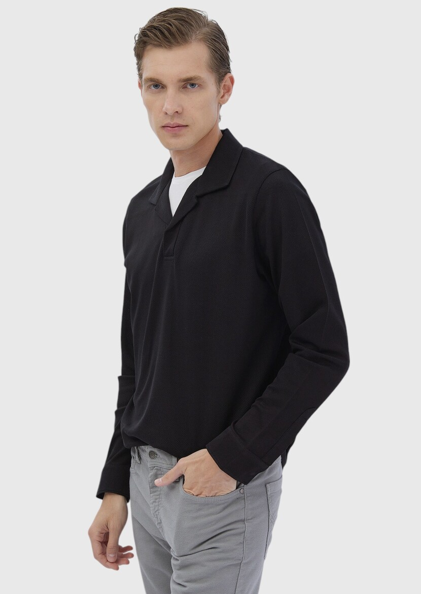 Black Polo Neck Jacquard Sweatshirt - 3