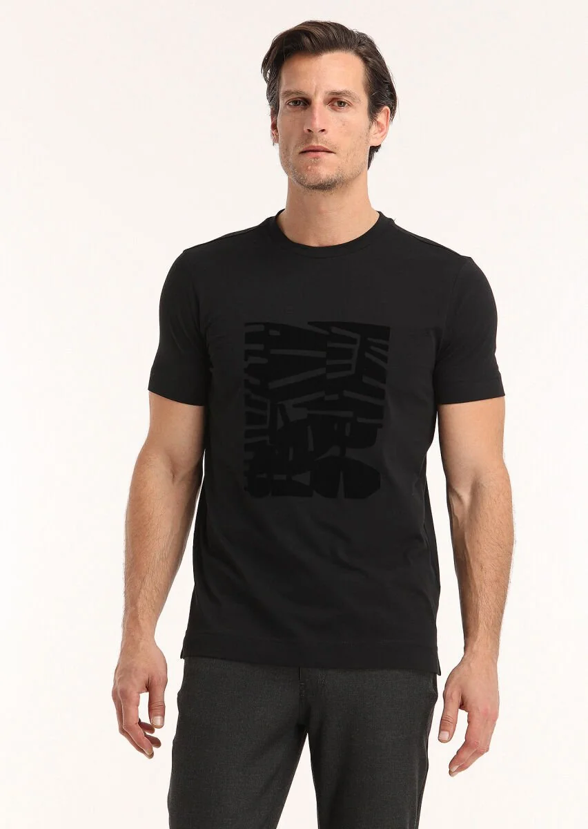 Black Printed Crew Neck 100% Cotton T-Shirt - 3