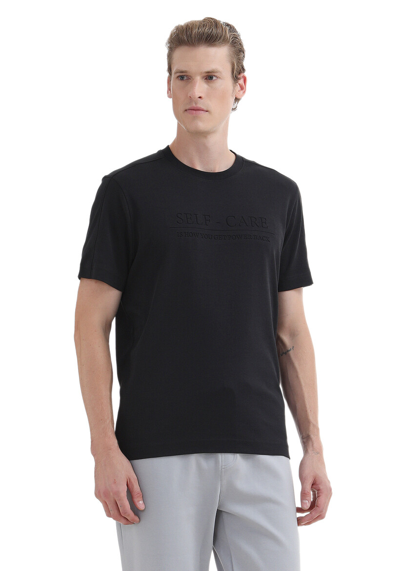 Black Printed Crew Neck 100% Cotton T-Shirt - 1