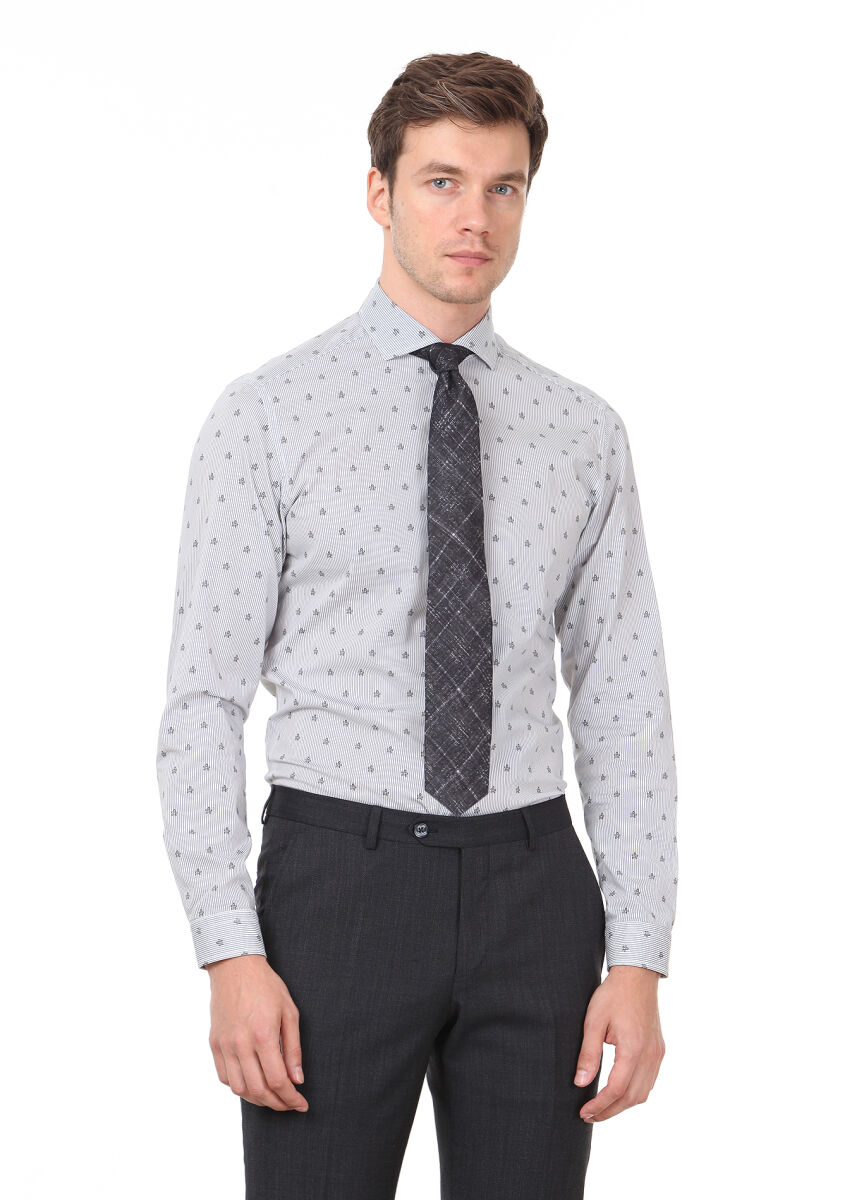 Black Printed Slim Fit Long Weaving Casual 100% Cotton Shirt - 1