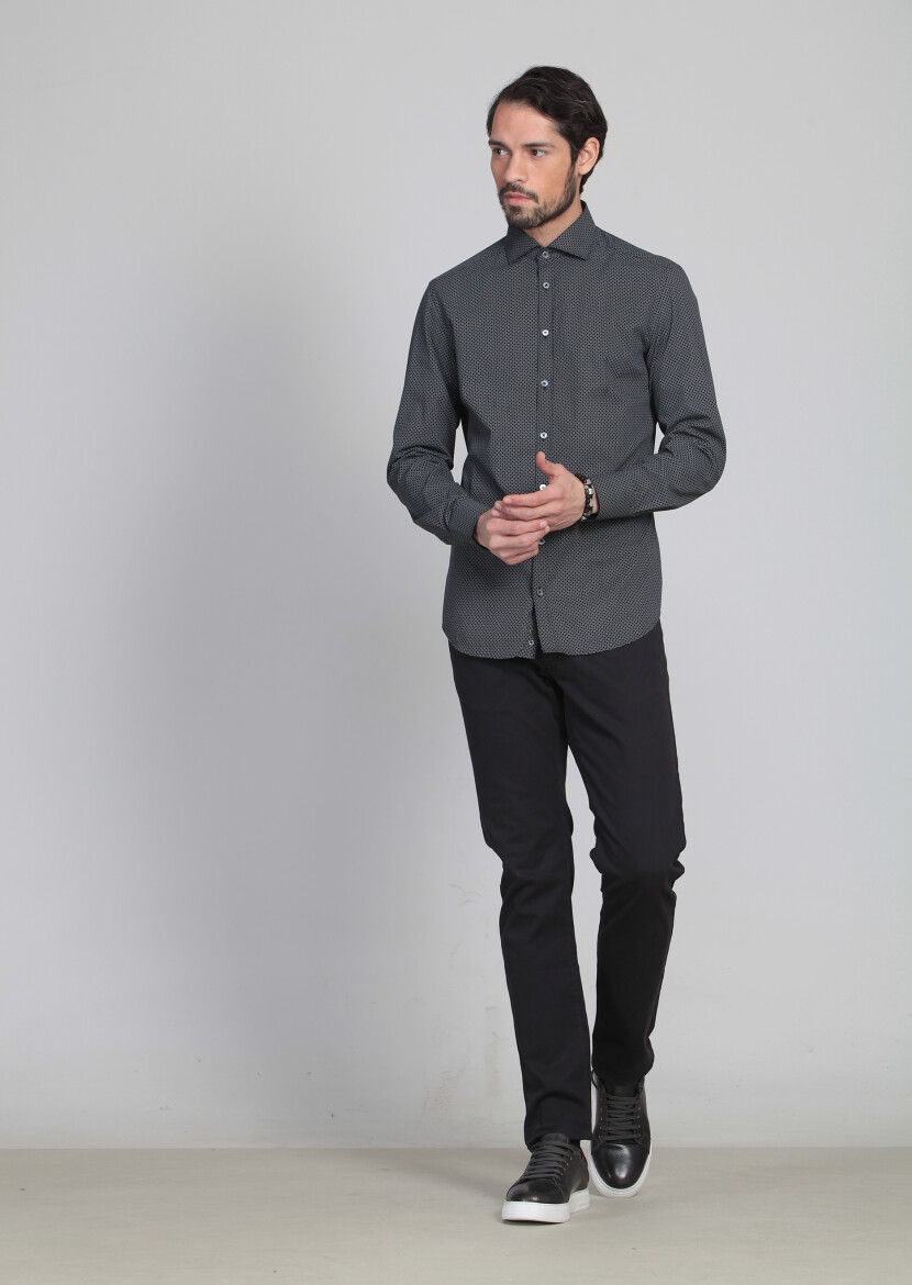 Black Printed Slim Fit Long Weaving Classical Cotton Blended Shirt - 2