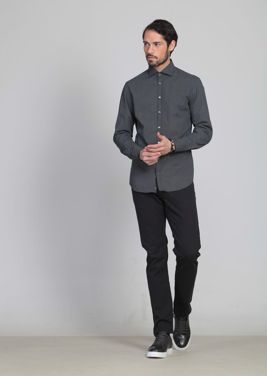 Black Printed Slim Fit Long Weaving Classical Cotton Blended Shirt - 2