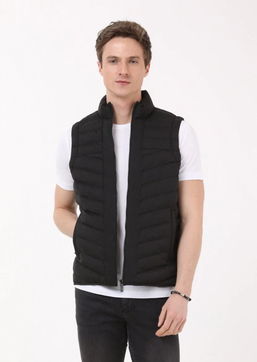 Black Puffer Weaving Puffer Vest - 1