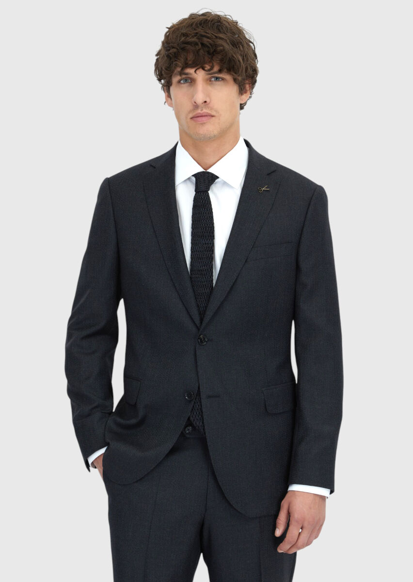 Black Regular Fit 100% Wool Suit - 1