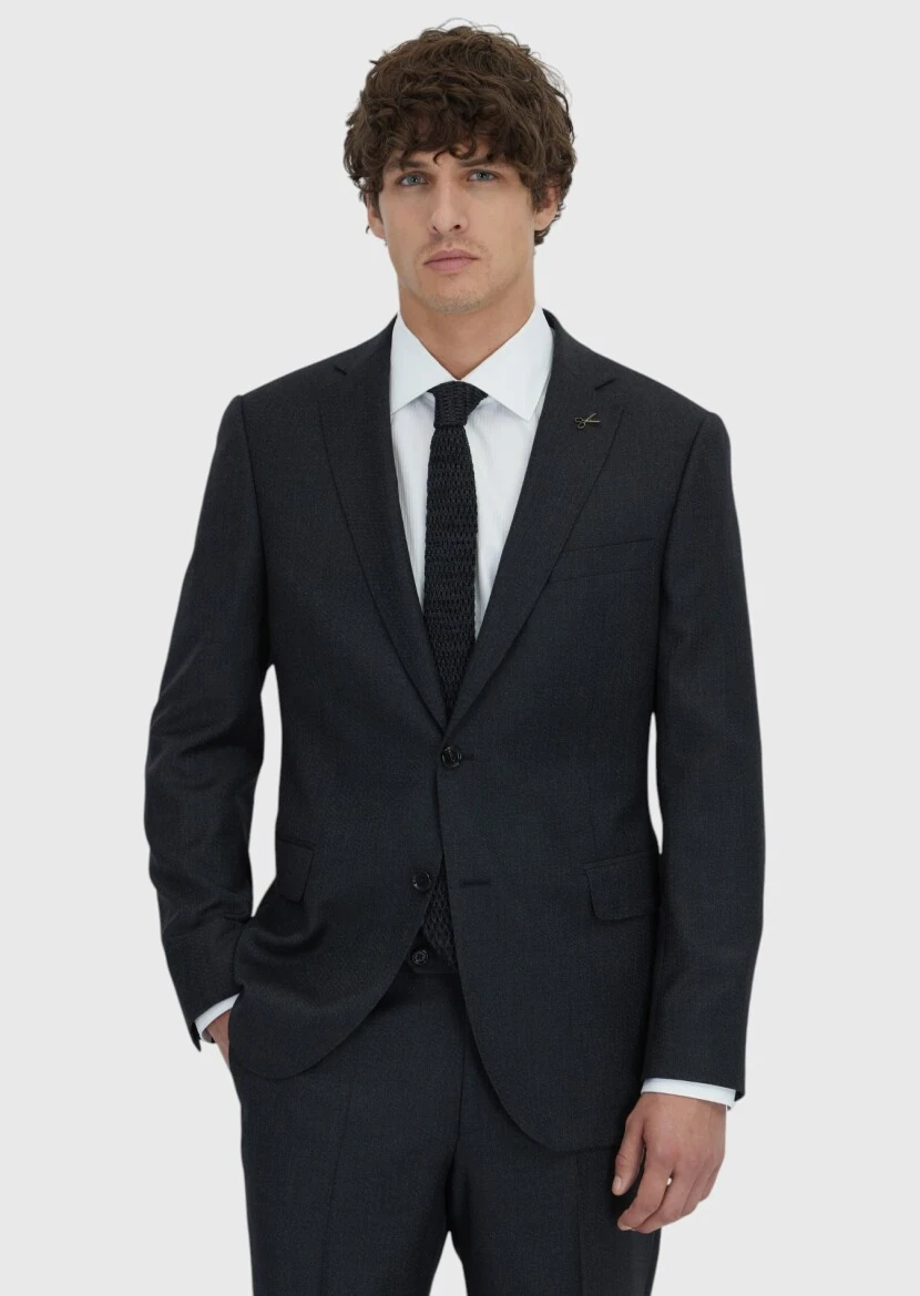 Black Regular Fit 100% Wool Suit - 1