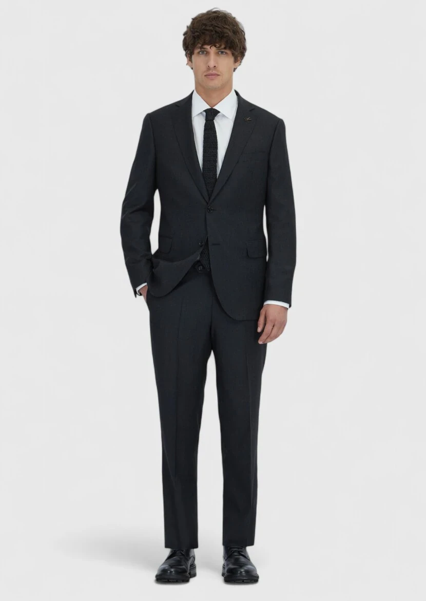 Black Regular Fit 100% Wool Suit - 2