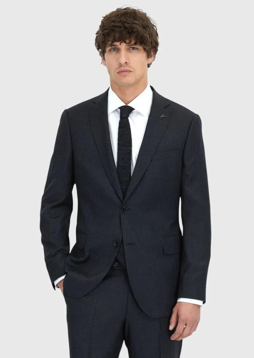 Black Regular Fit 100% Wool Suit - 1