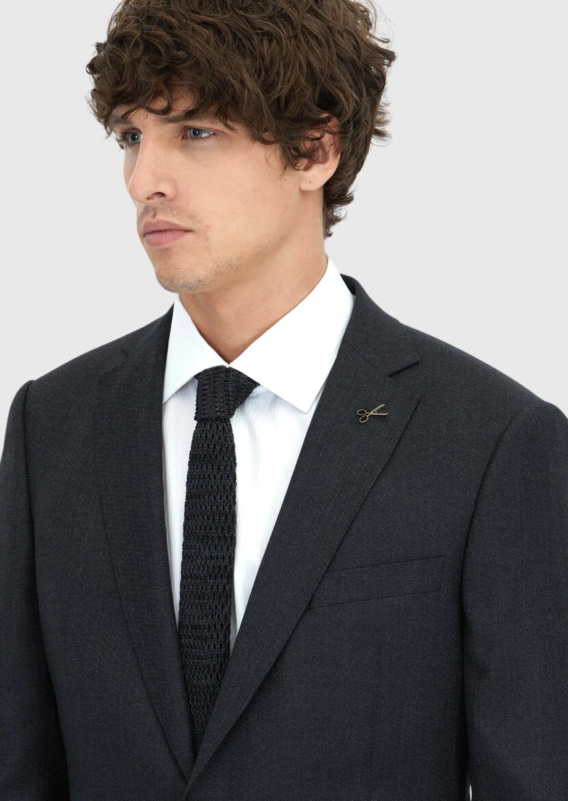 Black Regular Fit 100% Wool Suit - 3