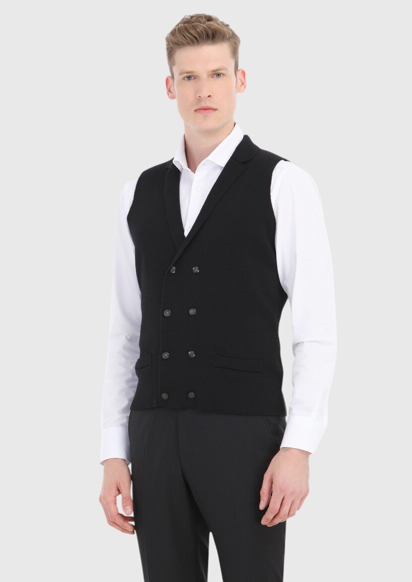 Black Regular Fit Butterfly Collar Casual Knitting Knit Vest - RAMSEY