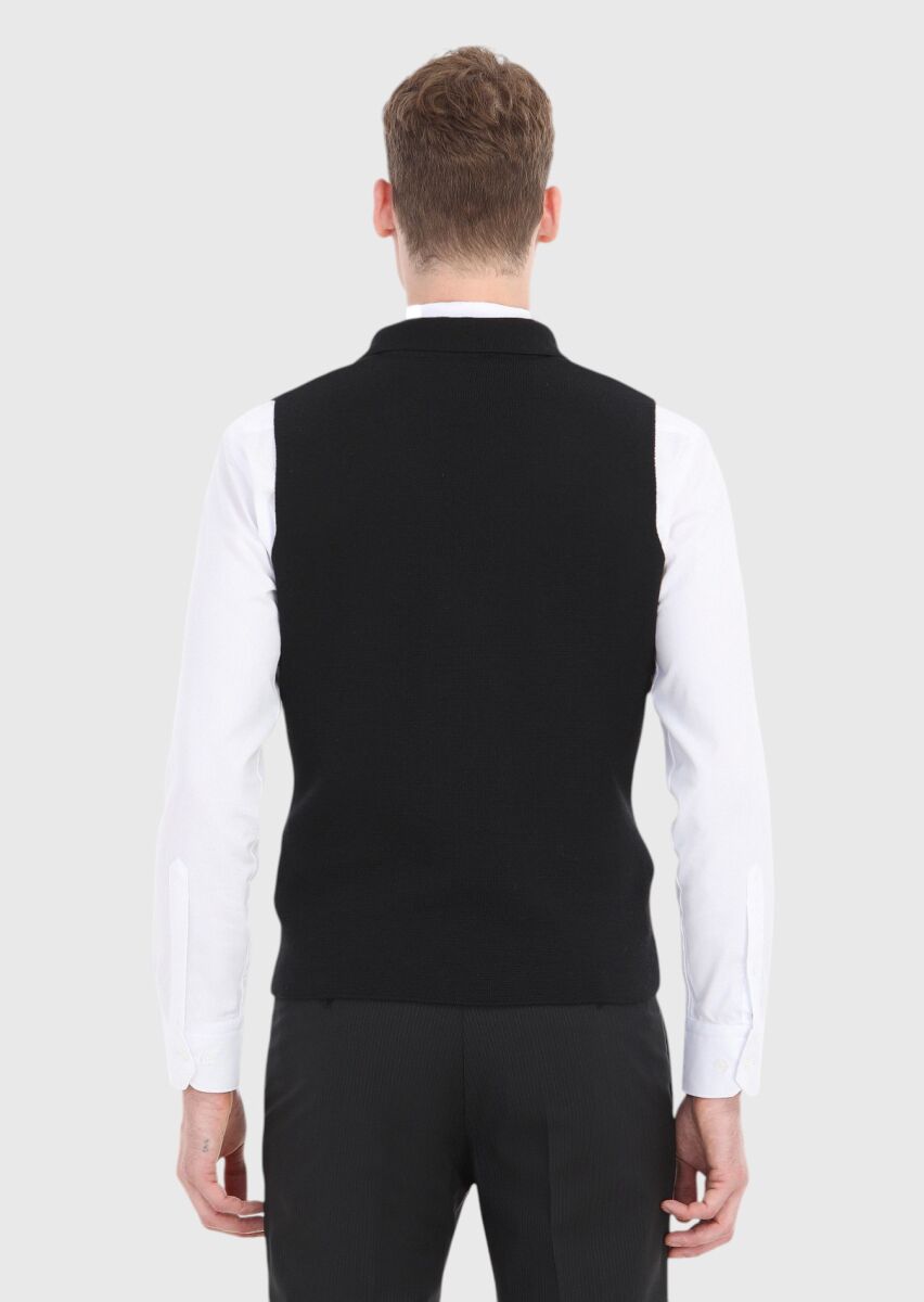 Black Regular Fit Butterfly Collar Casual Knitting Knit Vest - 4