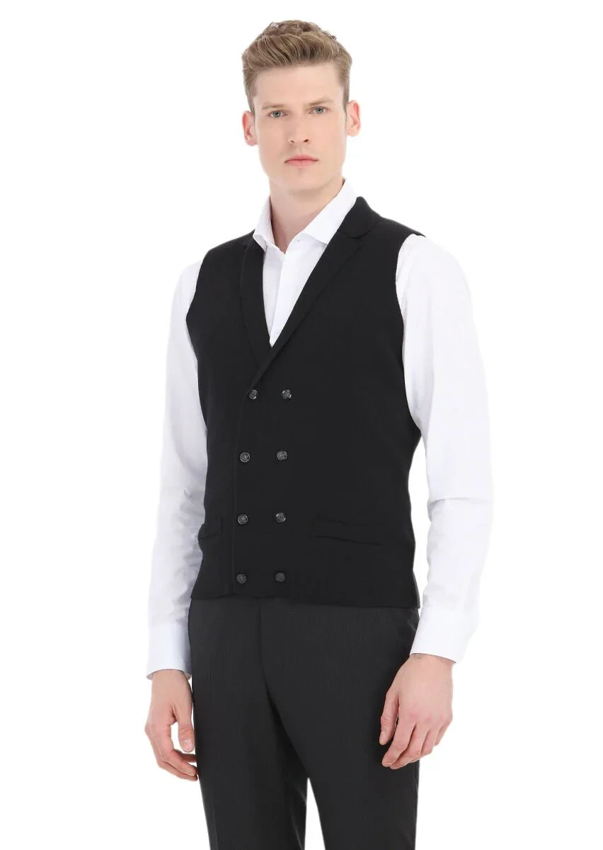 Black Regular Fit Butterfly Collar Casual Knitting Knit Vest - 1