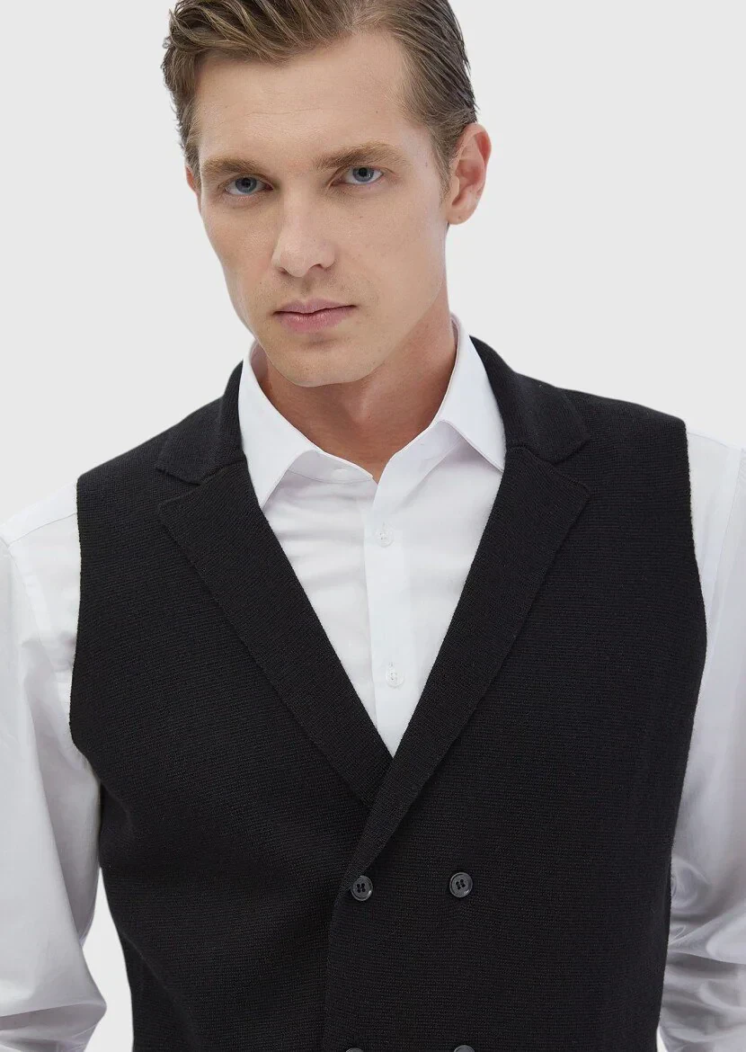 Black Regular Fit Butterfly Collar Casual Knitting Knit Vest - 4