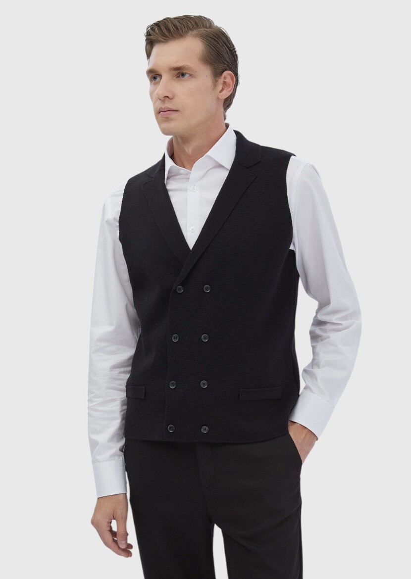 Black Regular Fit Butterfly Collar Casual Knitting Knit Vest - 1