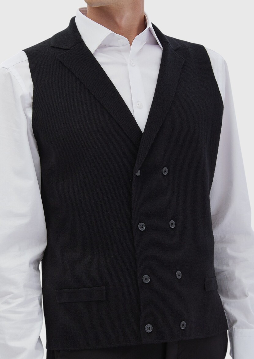 Black Regular Fit Butterfly Collar Casual Knitting Knit Vest - 3