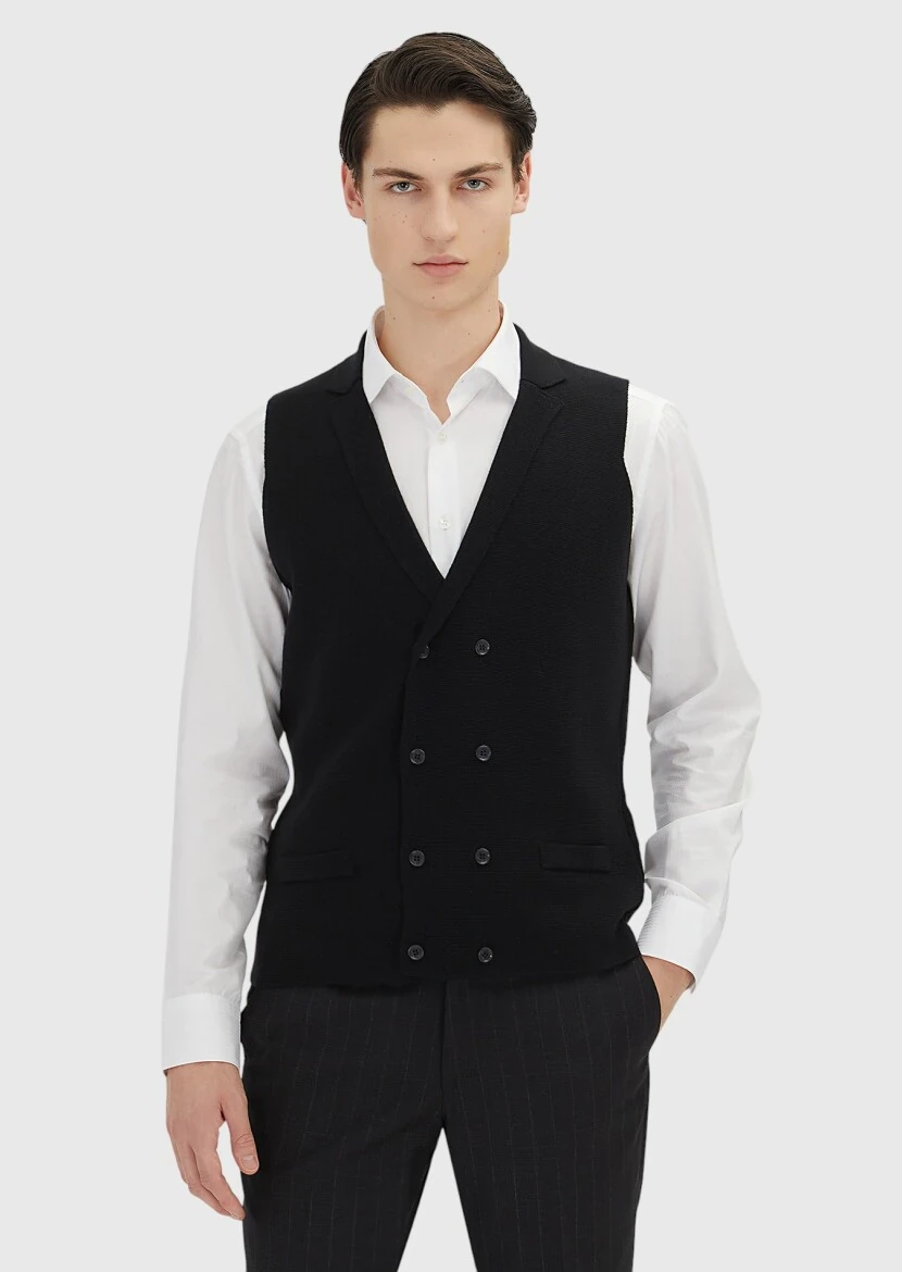 Black Regular Fit Butterfly Collar Casual Knitting Knit Vest - RAMSEY