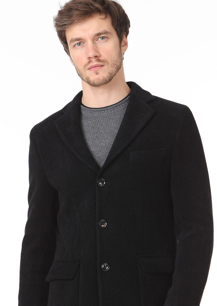 Black Regular Fit Butterfly Collar Casual Weaving Overcoat - 2