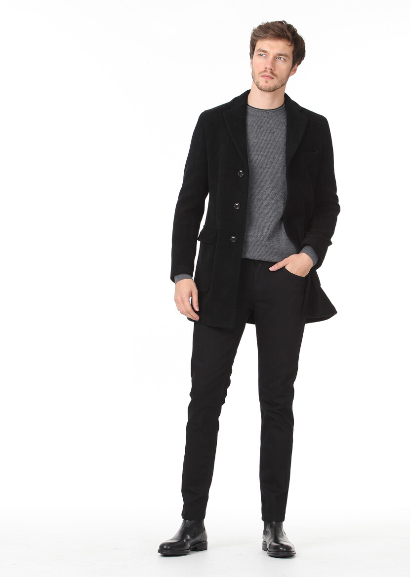 Black Regular Fit Butterfly Collar Casual Weaving Overcoat - 3