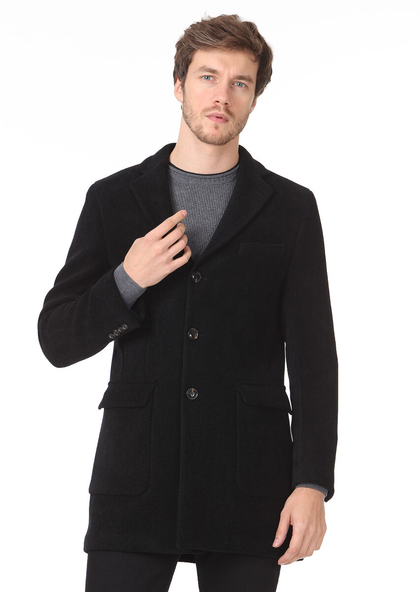 Black Regular Fit Butterfly Collar Casual Weaving Overcoat - 4