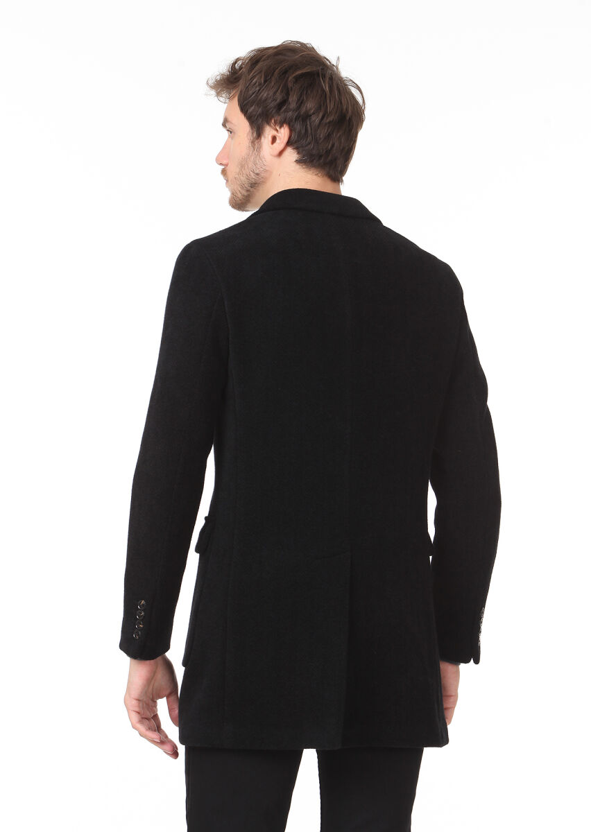 Black Regular Fit Butterfly Collar Casual Weaving Overcoat - 5