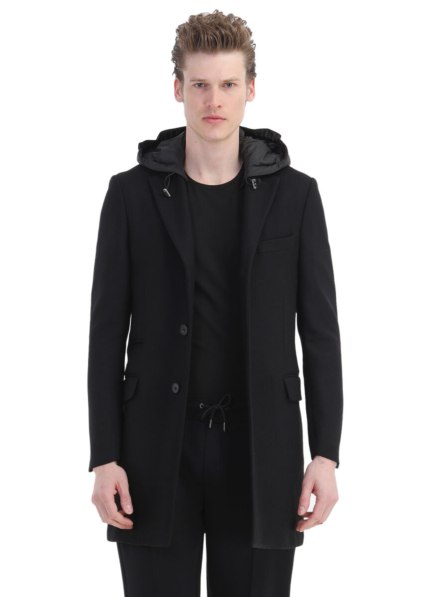 Black Regular Fit Butterfly Collar Casual Weaving Overcoat - 1