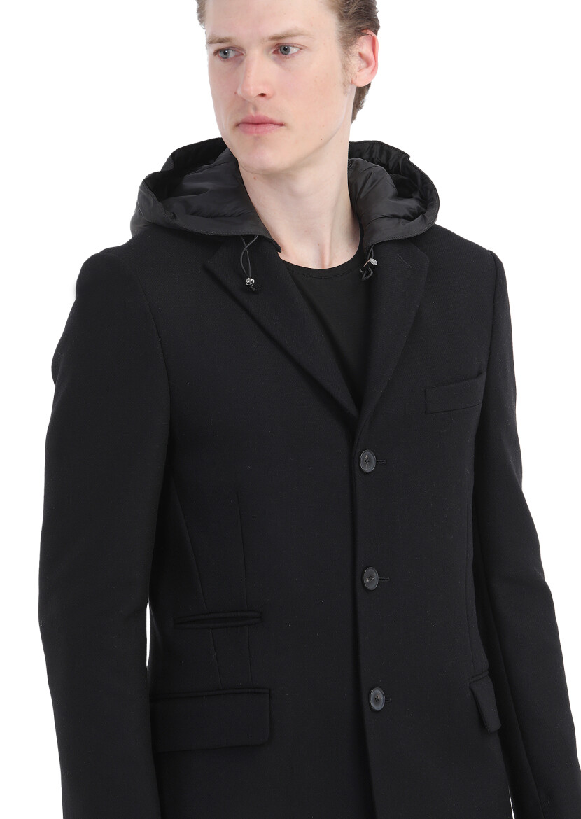 Black Regular Fit Butterfly Collar Casual Weaving Overcoat - 5