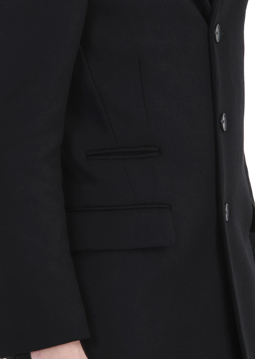 Black Regular Fit Butterfly Collar Casual Weaving Overcoat - 6