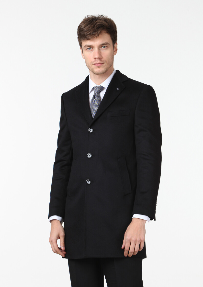 Black Regular Fit Butterfly Collar Classical Weaving Overcoat 